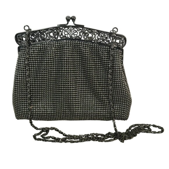 Vintage Talbots Black Beaded Evening Purse With Ornate Metal Frame & Chain Strap - Picture 3 of 10
